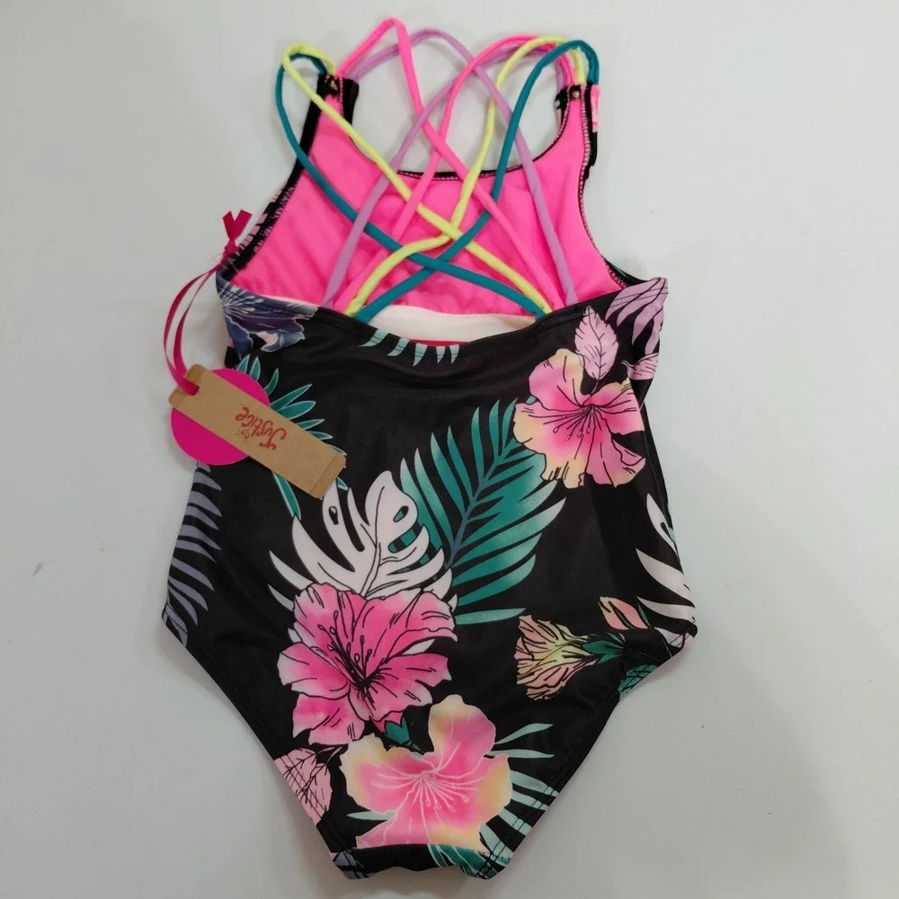 Justice Girls Multi Straps Graphic Floral Swimsuit One Piece Multicolor XS 5/6‎